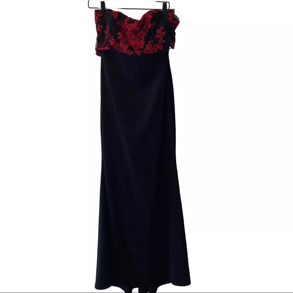 BADGLEY MISCHKA Floral Dress black red  Popover Gown strapless maxi. Size 6 - Picture 6 of 15